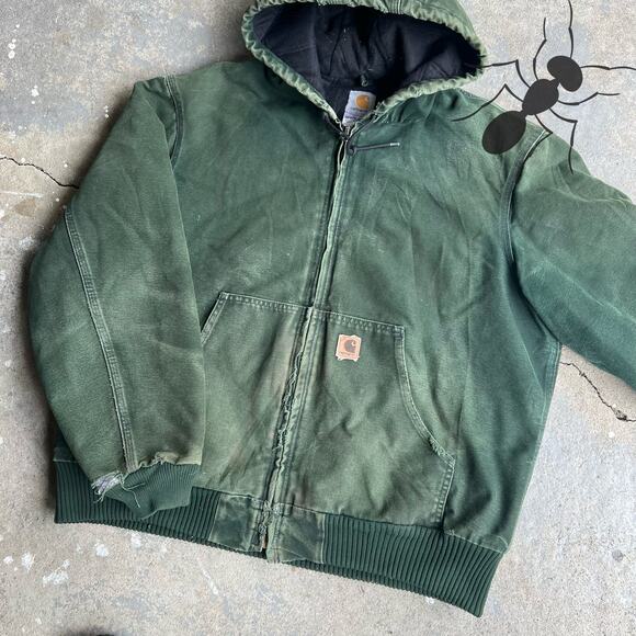 Vintage Y2K Carhartt faded J130 SPC green hooded work wear jacket - Picture 2 of 16